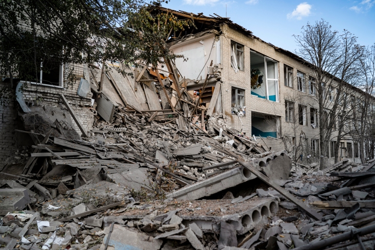 Debris covers an area of a heavily damaged school after a Russian attack, two days ago at the village of Velyka Kostromka, in Dnipropetrovsk region