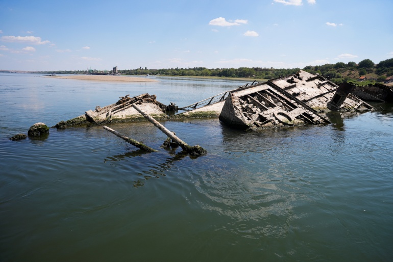 Wreckage of a World War Two German warship in the Danube