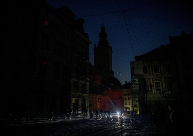 Lviv city centre in the dark and without electricity after critical civil infrastructure was hit by a Russian missile.