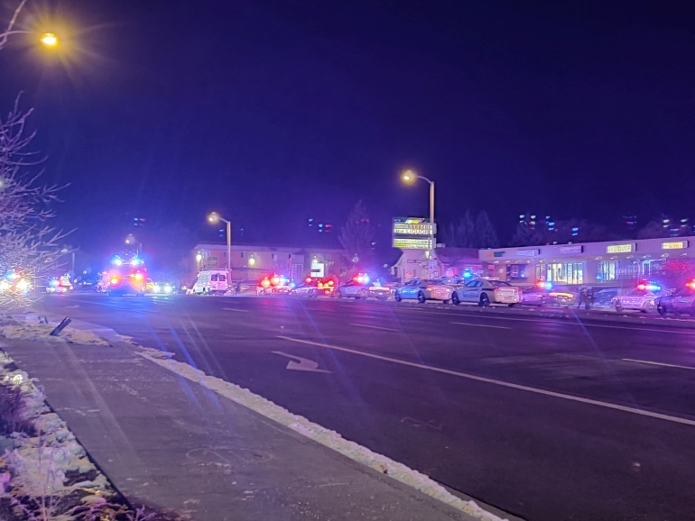 A view of various security and emergency vehicles with flashing blinkers parked on a street, after a shooting in a club, in Colarado Springs, Colorado, U.S November 20, 2022, in this picture obtained from social media. in this picture obtained from social media. Trey Deabueno/TWITTER @TREYRUFFY/via REUTERS THIS IMAGE HAS BEEN SUPPLIED BY A THIRD PARTY. MANDATORY CREDIT. NO RESALES. NO ARCHIVES.