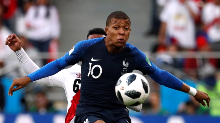 France's Kylian Mbappe in action during the France vs Peru World Cup match in 2018 in Ekaterinburg Arena, Yekaterinburg, Russia.