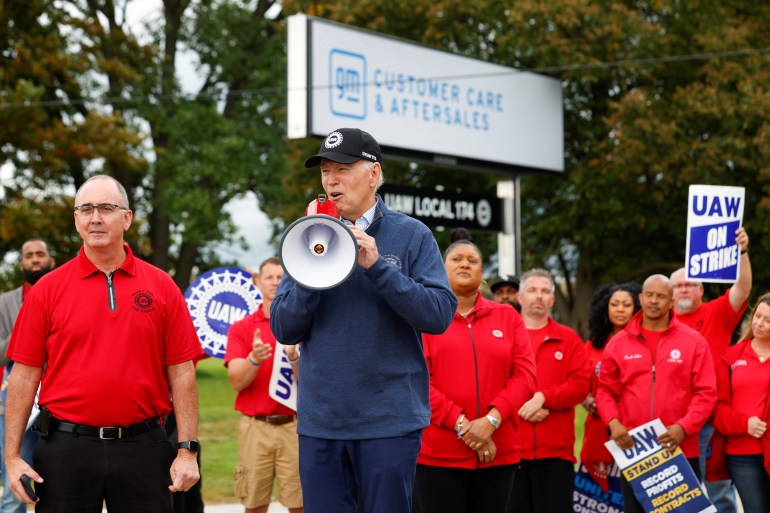 Joe Biden speaking on a bullhorn